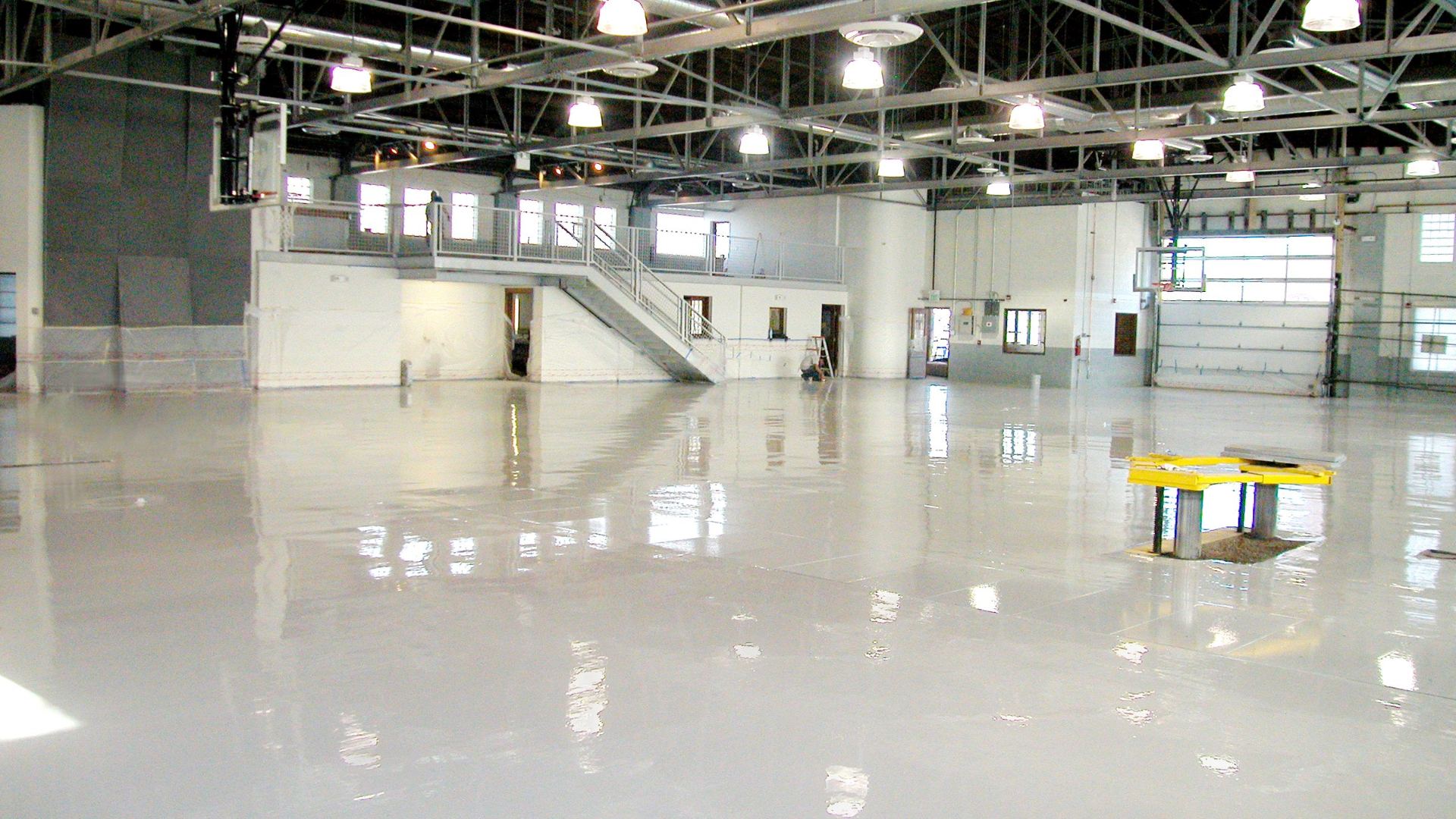 Bright warehouse with a reflective coated floor